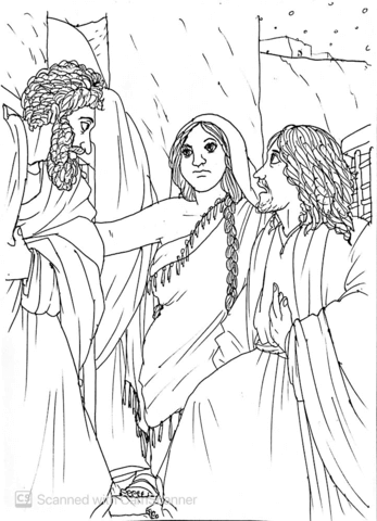 Peter And John Ask The Girl At The Door Of The High Priests House If They Could Get In To See The Trial Coloring Page